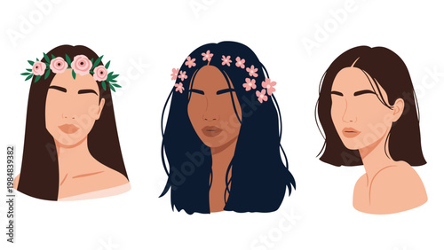 Illustration of three diverse women with different hair colors and skin tones wearing beautiful floral crowns on a white background.