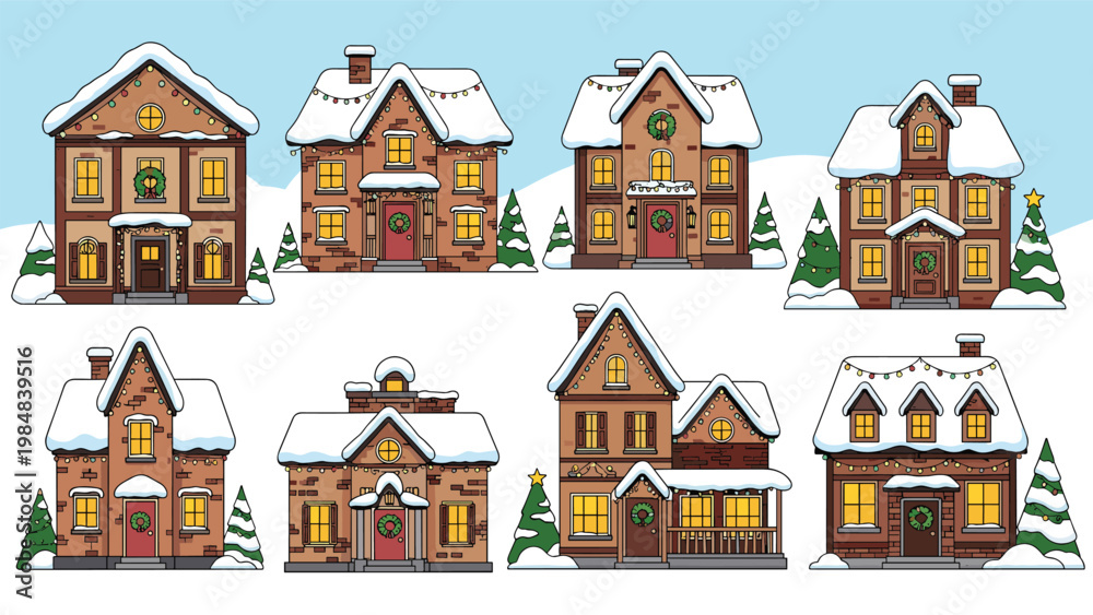 Fototapeta premium Collection of various cozy brick houses decorated with christmas lights and wreaths in a snowy winter landscape at night.