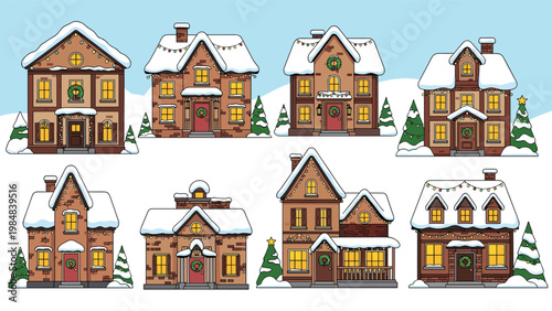 Collection of various cozy brick houses decorated with christmas lights and wreaths in a snowy winter landscape at night.