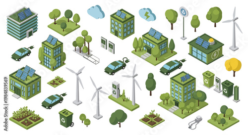 Isometric urban map illustration featuring a set of green vector trees alongside residential buildings, city houses, and estate construction icons for a real business town plan