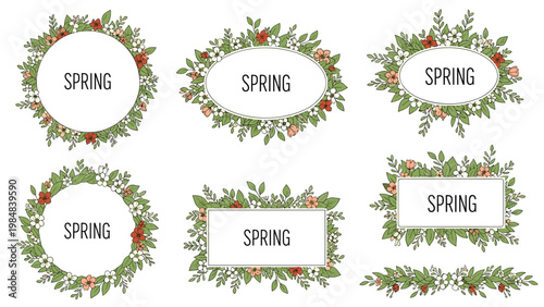 Set of various floral frames and borders with the word spring in the center for greeting cards and seasonal decorations.