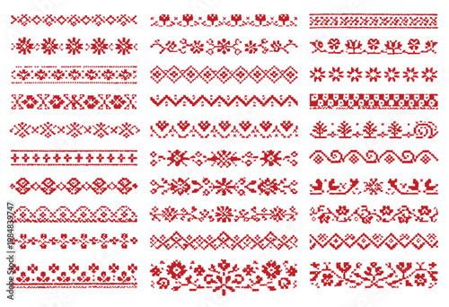 Red Slavic Folk Embroidery Borders Set, Traditional Ethnic Cross Stitch Patterns with Floral Ornaments for Textile and Holiday Decor