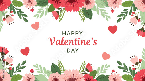 Elegant happy valentine's day card with pink and red flowers and hearts surrounding the text on a white background.