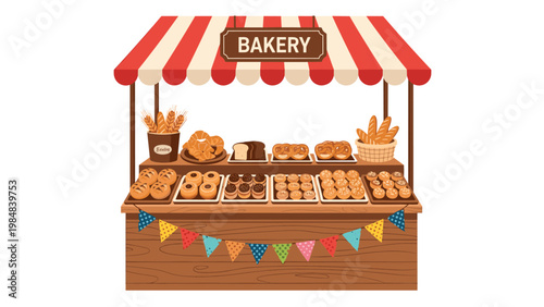 Traditional wooden bakery market stall with a red striped awning filled with fresh bread, croissants, and pastries.