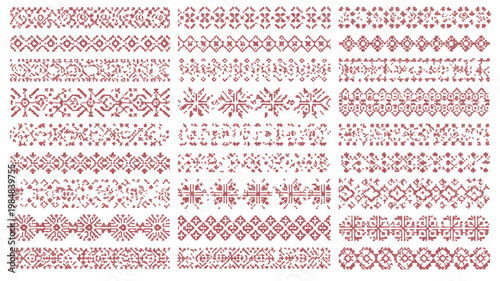 Dusty Rose Slavic Folk Embroidery Borders Set, Vintage Ethnic Cross Stitch Patterns and Geometric Ornaments for Textile Design
