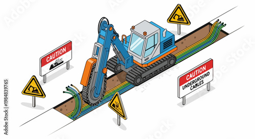 Isometric Trencher Damaging Underground Fiber Optic Cables and Electrical Utilities with Safety Warning Signs on Construction Site