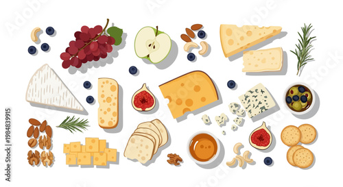 Isolated collection of bakery sets including bread, sweet chocolate cake, and a fresh breakfast meal with cheese, vegetables, and pastry