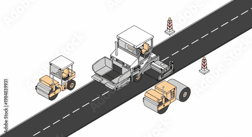 Isometric Road Construction Illustration with Asphalt Paver and Steam Rollers on New Highway