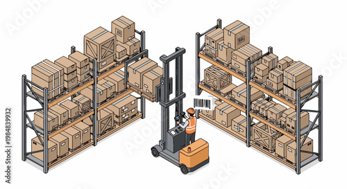 Isometric Warehouse Logistics Illustration with Forklift Operator Moving Inventory and Scanning Barcodes on Storage Racks