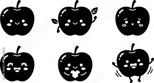 Black and white kawaii apples with various happy and sad expressions vector art