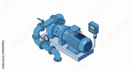 Isometric Industrial Water Pump Vector Illustration with Electric Motor, Pipes, and Digital Controller on White Background