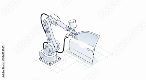 Industrial Robotic Arm Spray Painting a Car Door Isometric Illustration