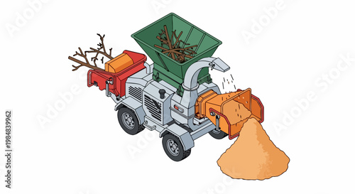Industrial Wood Chipper Machine Shredding Branches into Woodchips, Isometric Illustration of Forestry and Landscaping Equipment for Waste Recycling