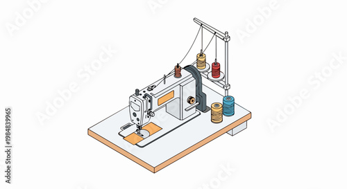 Isometric Industrial Sewing Machine Illustration with Colorful Thread Spools for Fashion Design