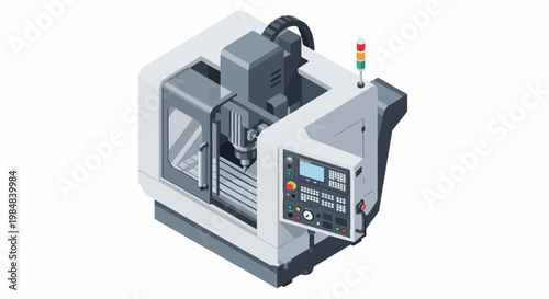Isometric CNC Machine Illustration - Modern Industrial Milling Equipment with Control Panel for Manufacturing and Engineering Design