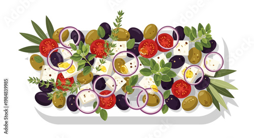 Freshly decorated Easter eggs with flowers and birds sit on a white plate alongside a healthy salad of green lettuce, red strawberries, and sweet kiwi for a colorful vegetarian meal