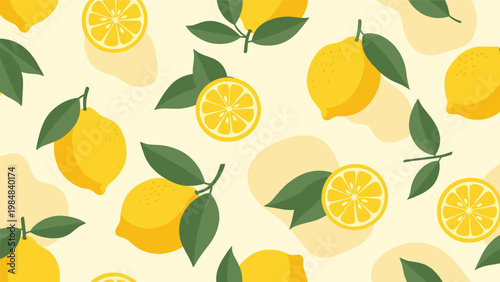Seamless pattern featuring whole lemons and lemon slices with green leaves on a pale yellow background for summer themes.