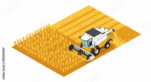 Isometric Combine Harvester Working in Golden Wheat Field Illustration Isolated on White Background