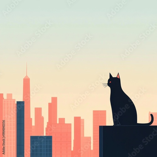 Silhouette of Cat on Rooftop Against Sunset City Skyline Background