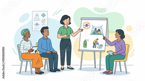 People participate in Malaria Prevention education and Awareness program for mosquito control. Suitable for educational illustrations, campaigns, or World Malaria Day posters.