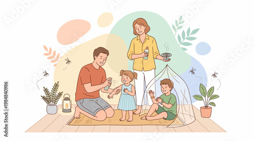 Family practices mosquito prevention and malaria awareness at home. Suitable for educational illustrations, campaigns, or World Malaria Day posters.