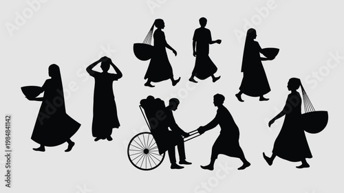 Silhouettes of people carrying baskets and a person in a rickshaw