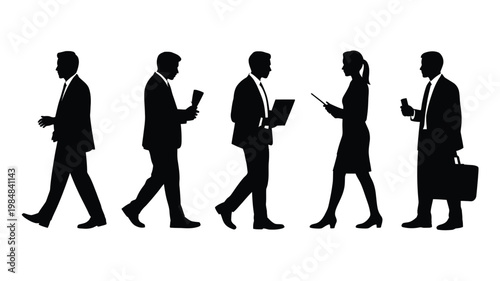 Silhouettes of business people walking representing career progression and modern work life