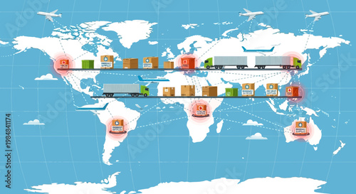 Global supply chain logistics map with trucks and airplanes transporting containers
