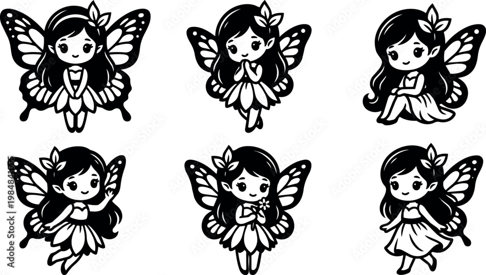 Fototapeta premium Black and white cute butterfly girl fairy characters in different poses vector art