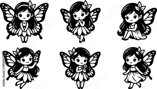Black and white cute butterfly girl fairy characters in different poses vector art