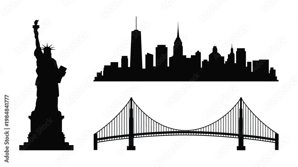 Αυτοκόλλητο New york city landmarks statue of liberty skyline and golden gate bridge