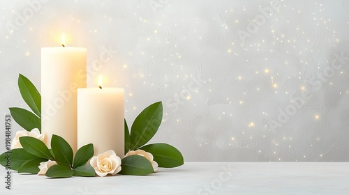 Elegant White Candles Surrounded by Green Leaves and Flowers on Soft Background