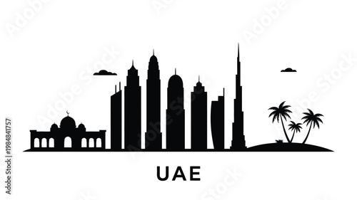 A striking black silhouette of the united arab emirates cityscape