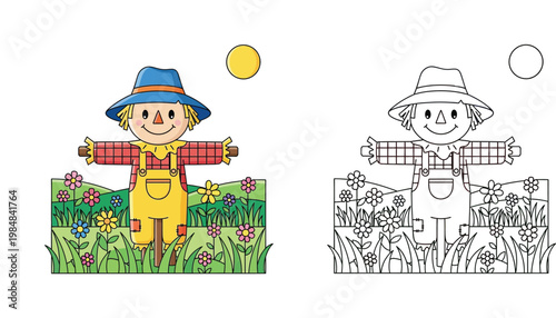 Cute Cartoon Scarecrow in Flower Field Coloring Page Vector Illustration. Color and Black and White Outline.