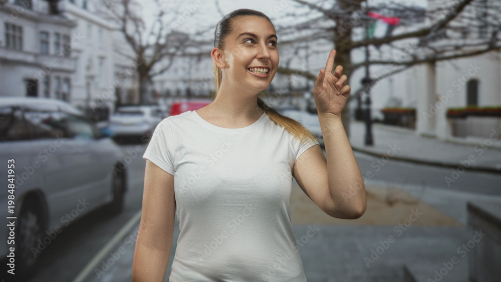 Obraz premium Woman tilts head and smiles, sometimes pointing finger while wearing white t-shirt on a residential street with parked cars and bare trees; playful curiosity.
