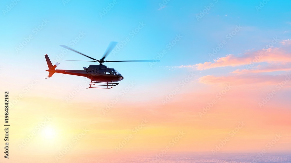 Fototapeta premium Helicopter Flying Over Scenic Landscape at Sunset with Colorful Sky