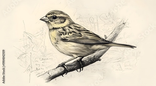 Detailed songbird sketch with slender tail and beak photo