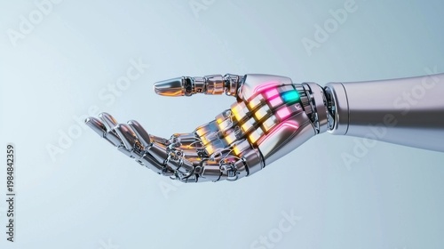 Futuristic robotic hand with illuminated elements against a soft background