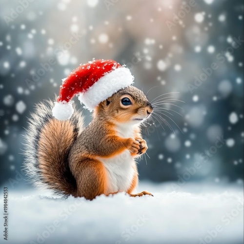 Cute Squirrel Wearing Santa Hat in Winter Wonderland with Falling Snowflakes