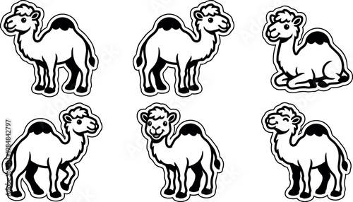 Black and white cartoon camels in standing and lying poses vector art