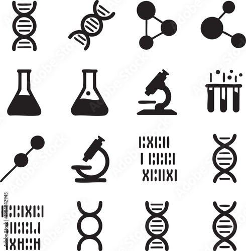 Vector graphic illustration of science and biology related icons including DNA, beakers, microscopes and molecules in black on a white background for design and educational use