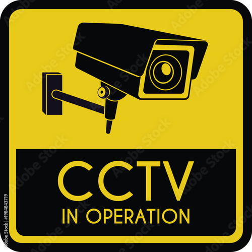 CCTV in operation square black and yellow vector sign, surveillance camera symbol, security safety monitoring system