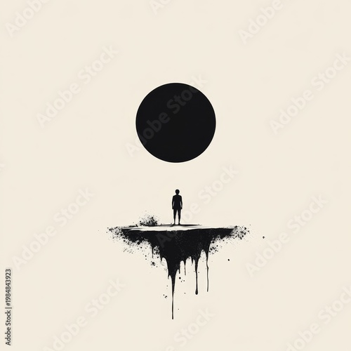 Human Silhouette Standing Over Abstract Landscape with Dark Circle Above