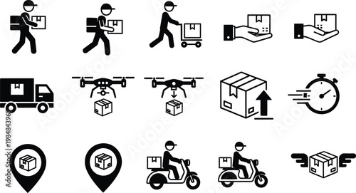 Delivery and logistics icons set with drones and vehicles package tracking map pin supply chain