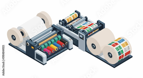 Isometric Industrial Printing Press Machine for Commercial Label and Packaging Production Isolated on White