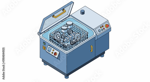 Isometric Industrial Ultrasonic Parts Cleaner Machine with Engine Components and Pistons
