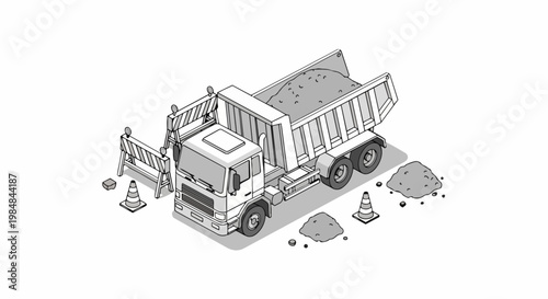 Isometric Dump Truck at Construction Site Illustration, Heavy Machinery and Road Work Line Art Vector