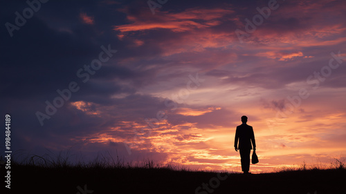 Silhouette of a man standing on a grassy field with a sunset sky in the background, conveying a concept for sunrise and a new beginning of life in the christian easter. Ai generated