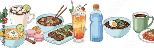 Variety of Food and Beverages Including Noodles, Skewers, Drinks, Macarons, and Soups for Culinary, Dessert, and Beverage Designs