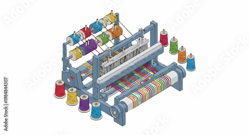 Isometric Loom Illustration, Industrial Weaving Machine with Colorful Spools of Thread and Rainbow Fabric